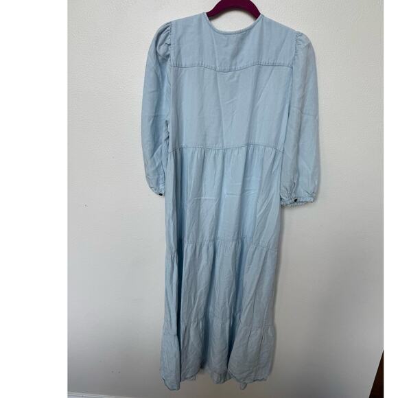 Isabella Oliver Raffa Chambray Tiered Midi Maternity Dress Blue Women's Size 4 - Picture 2 of 8